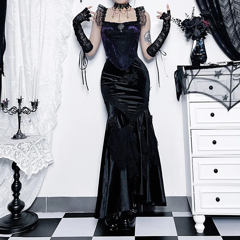 Mall Goth Velvet Fishtail Jacquard Hip Wrap Fairy Grunge Victorian Steamlong Skirt