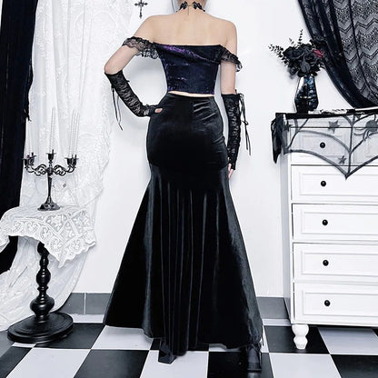Mall Goth Velvet Fishtail Jacquard Hip Wrap Fairy Grunge Victorian Steamlong Skirt