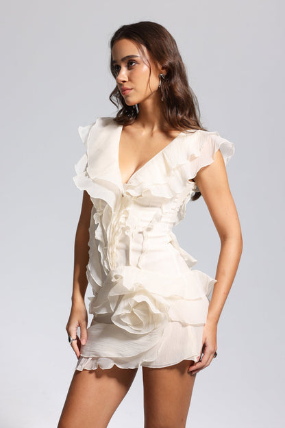 Maura V Neck Ruffle Asymmetric Mini Dress in Apricot