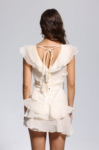 Maura V Neck Ruffle Asymmetric Mini Dress in Apricot