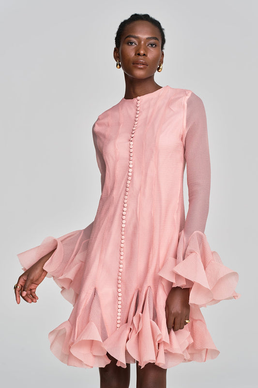 Mccarthy Mesh Ruffle Midi Dress in Pink