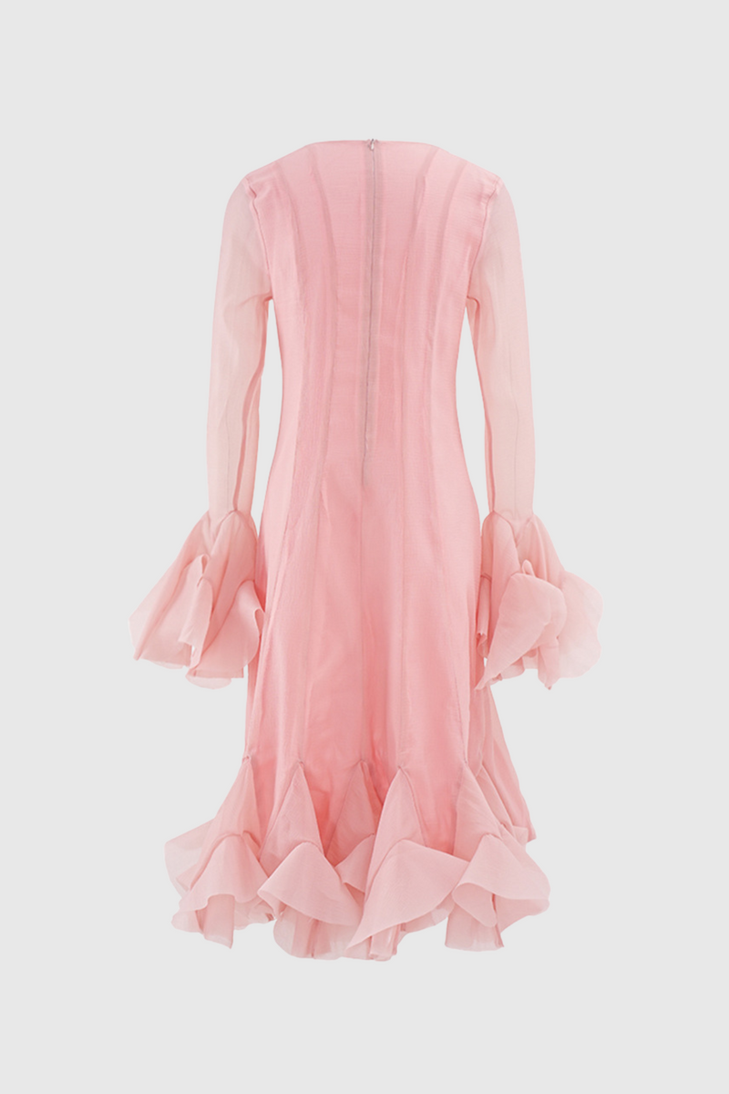 Mccarthy Mesh Ruffle Midi Dress in Pink