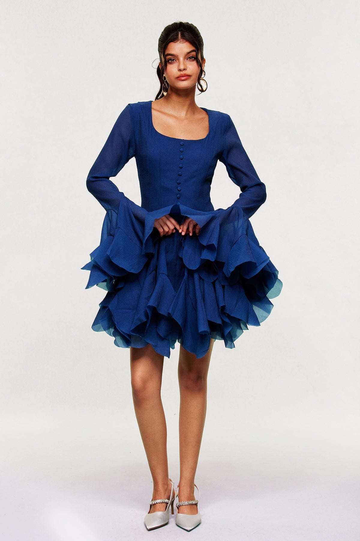 Mccarthy Mesh Ruffle Mini Dress in Deep Blue