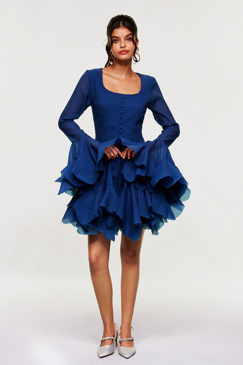 Mccarthy Mesh Ruffle Mini Dress in Deep Blue