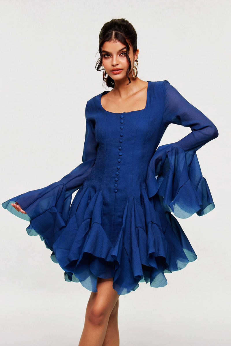 Mccarthy Mesh Ruffle Mini Dress in Deep Blue