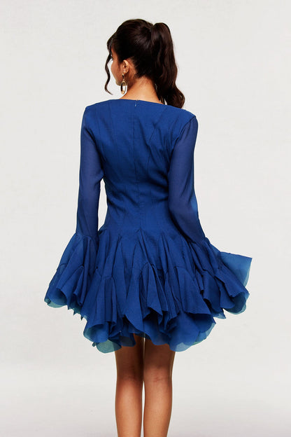 Mccarthy Mesh Ruffle Mini Dress in Deep Blue