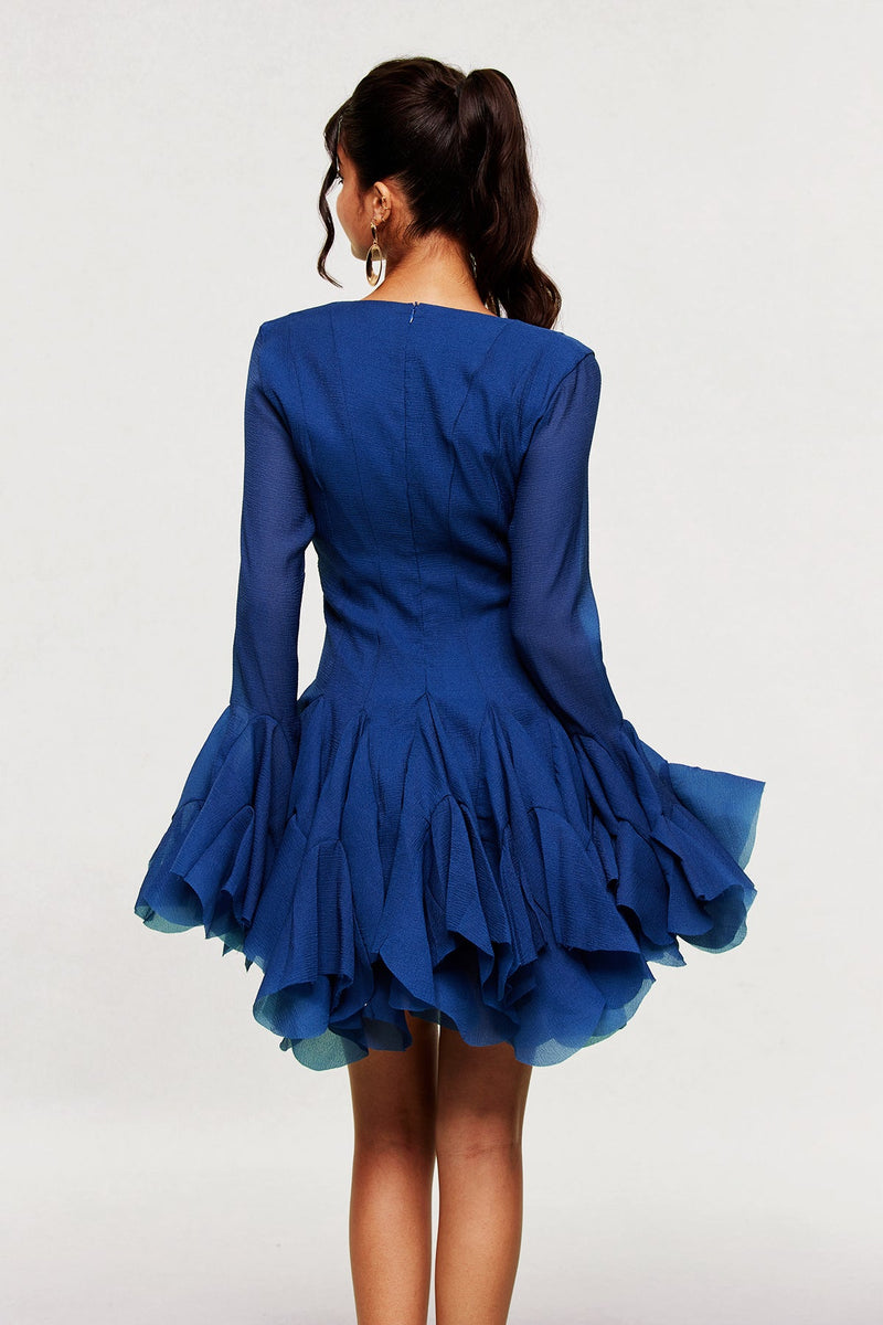 Mccarthy Mesh Ruffle Mini Dress in Deep Blue