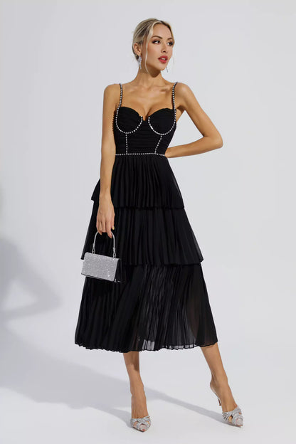 Meredith Black Diamond Ruched Midi Dress