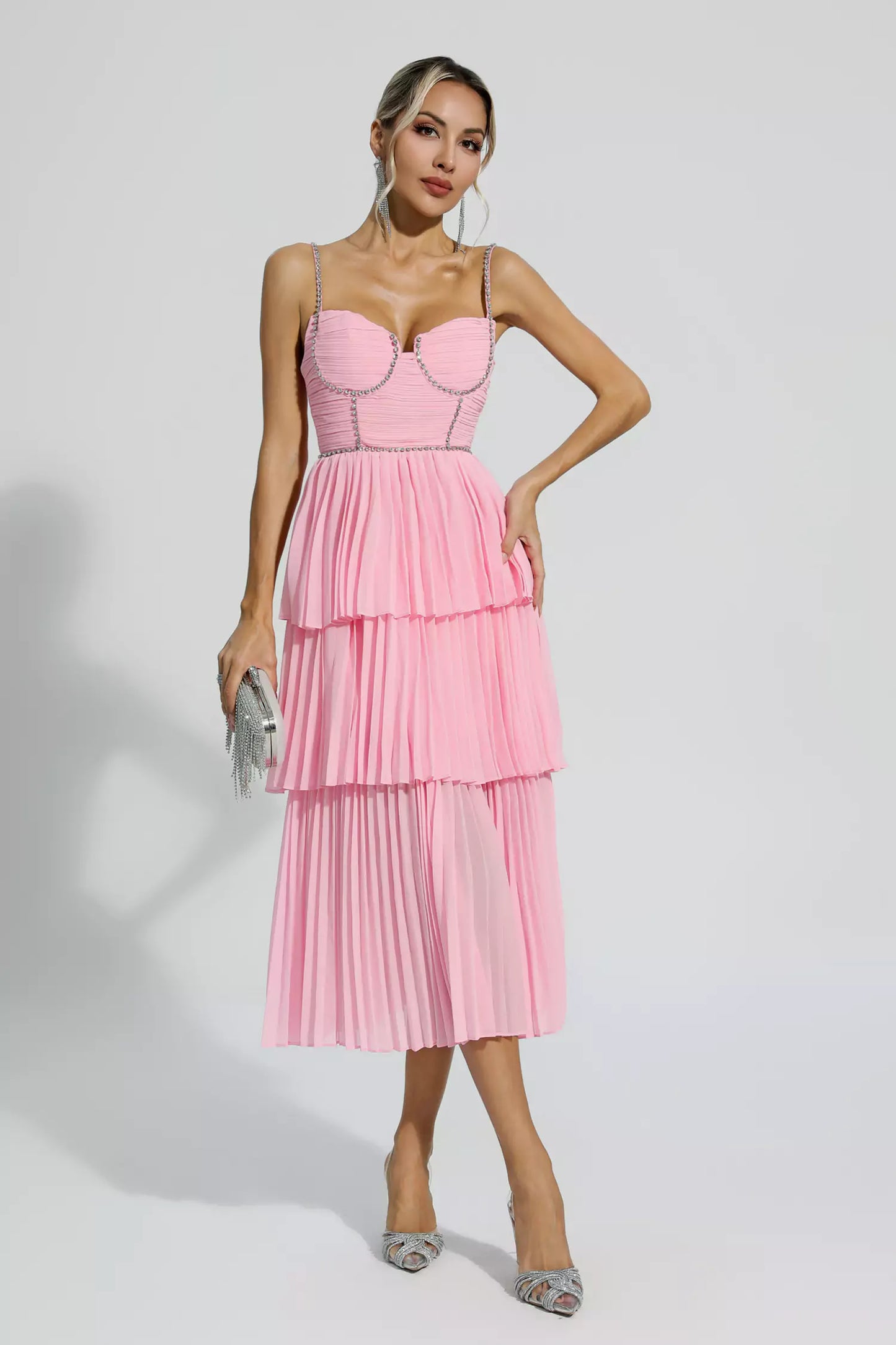 Meredith Pink Diamond Ruched Midi Dress