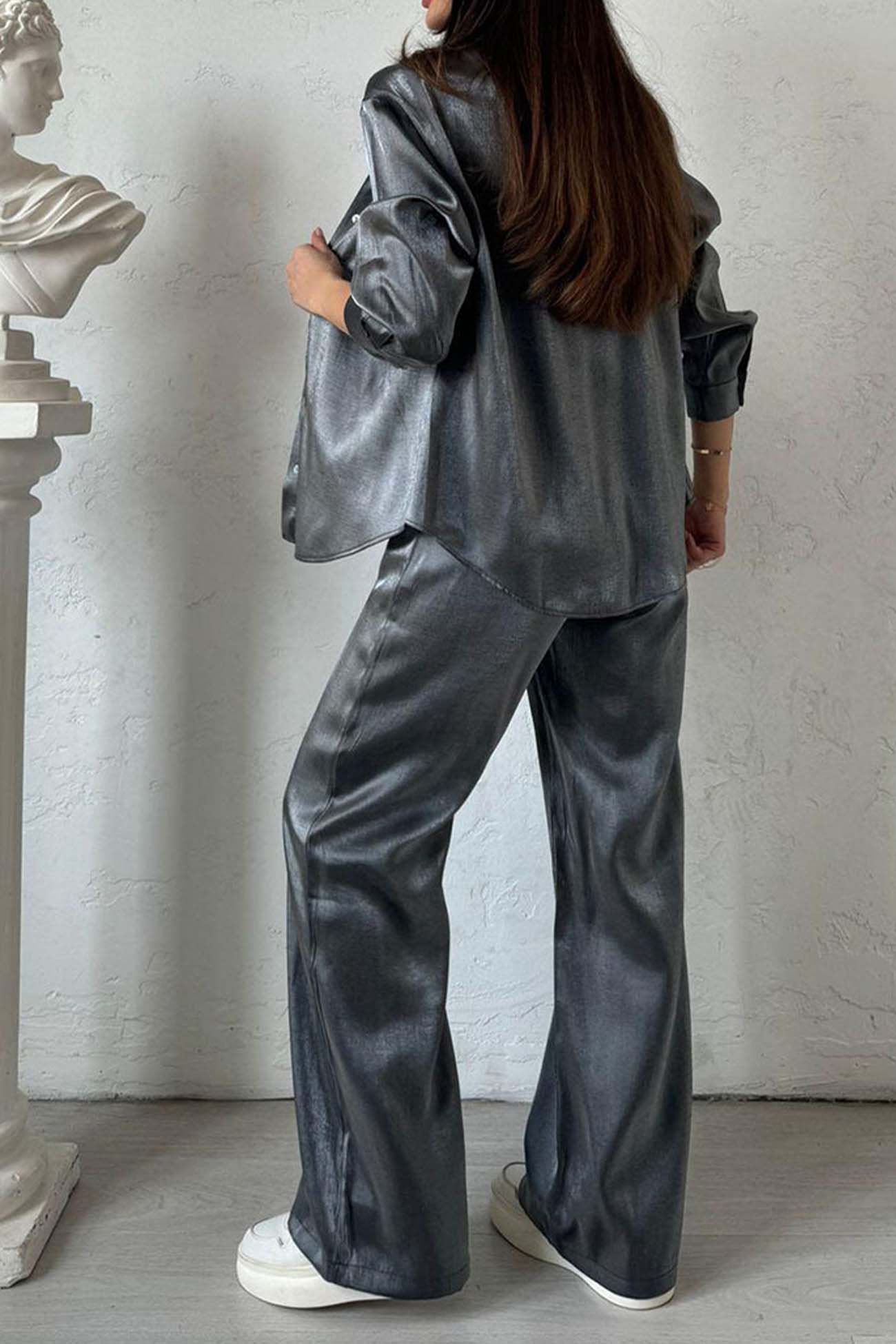 Metallic Shiny Button Down Shirt Long Pant Set