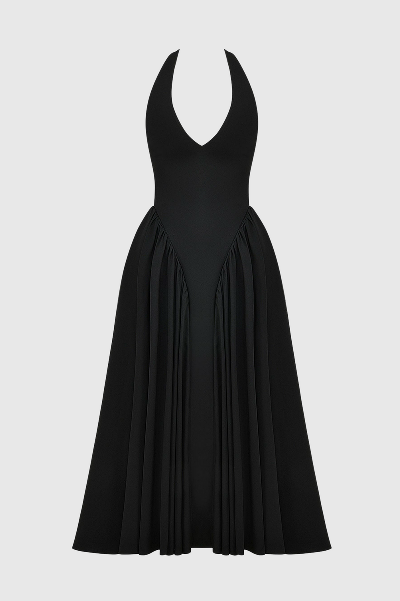 Ebrill Halter V-neck Ruched Midi Dress - Black