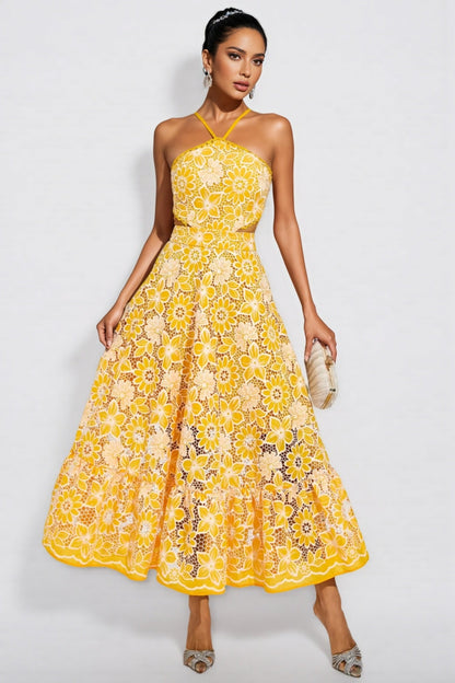 Delphine Yellow Cut Out Halter Maxi Dress