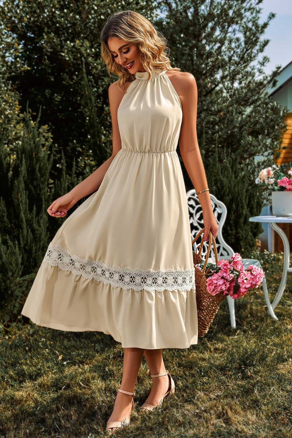 High Collar Sleeveless Lace Hem Midi Dress