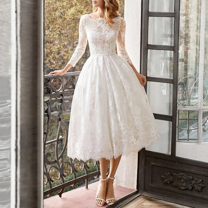Dressbetty - Long Sleeved Backless Slim Fitting White Lace Midi Dress