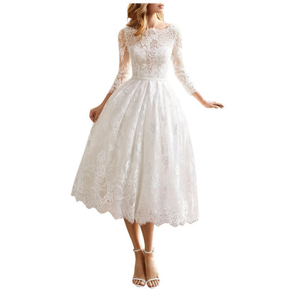 Dressbetty - Long Sleeved Backless Slim Fitting White Lace Midi Dress