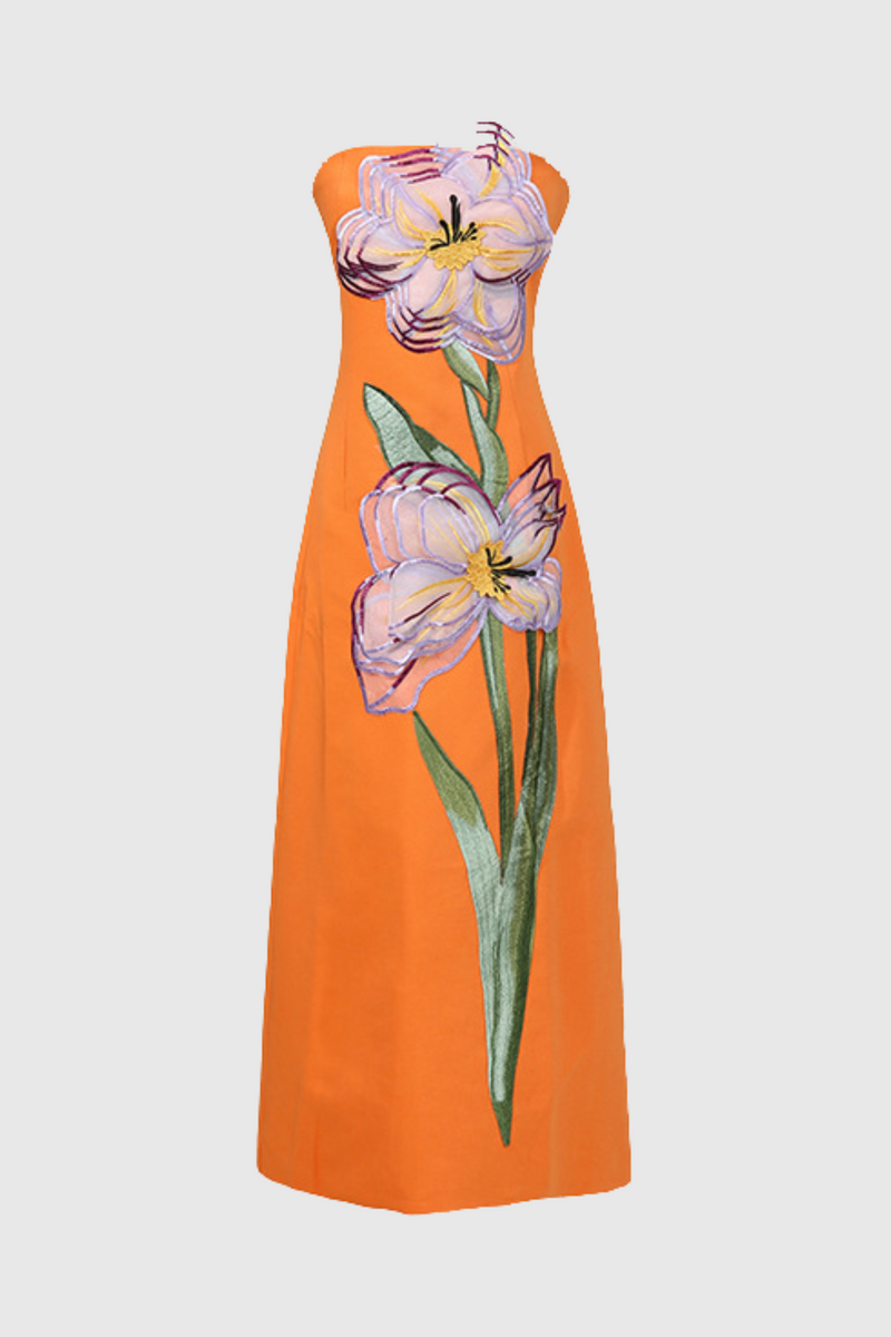 Mimoza Appliqué Strapless Midi Dress - Orange