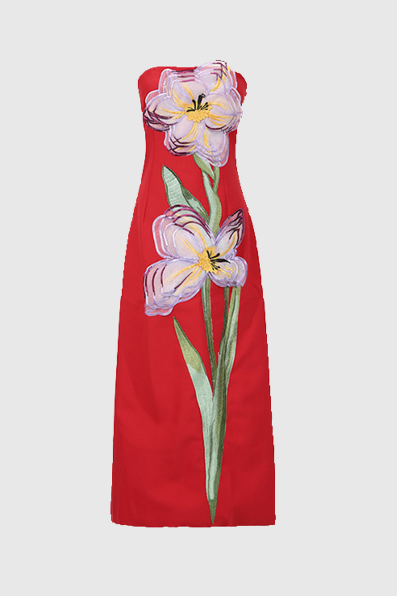Mimoza Appliqué Strapless Midi Dress - Red