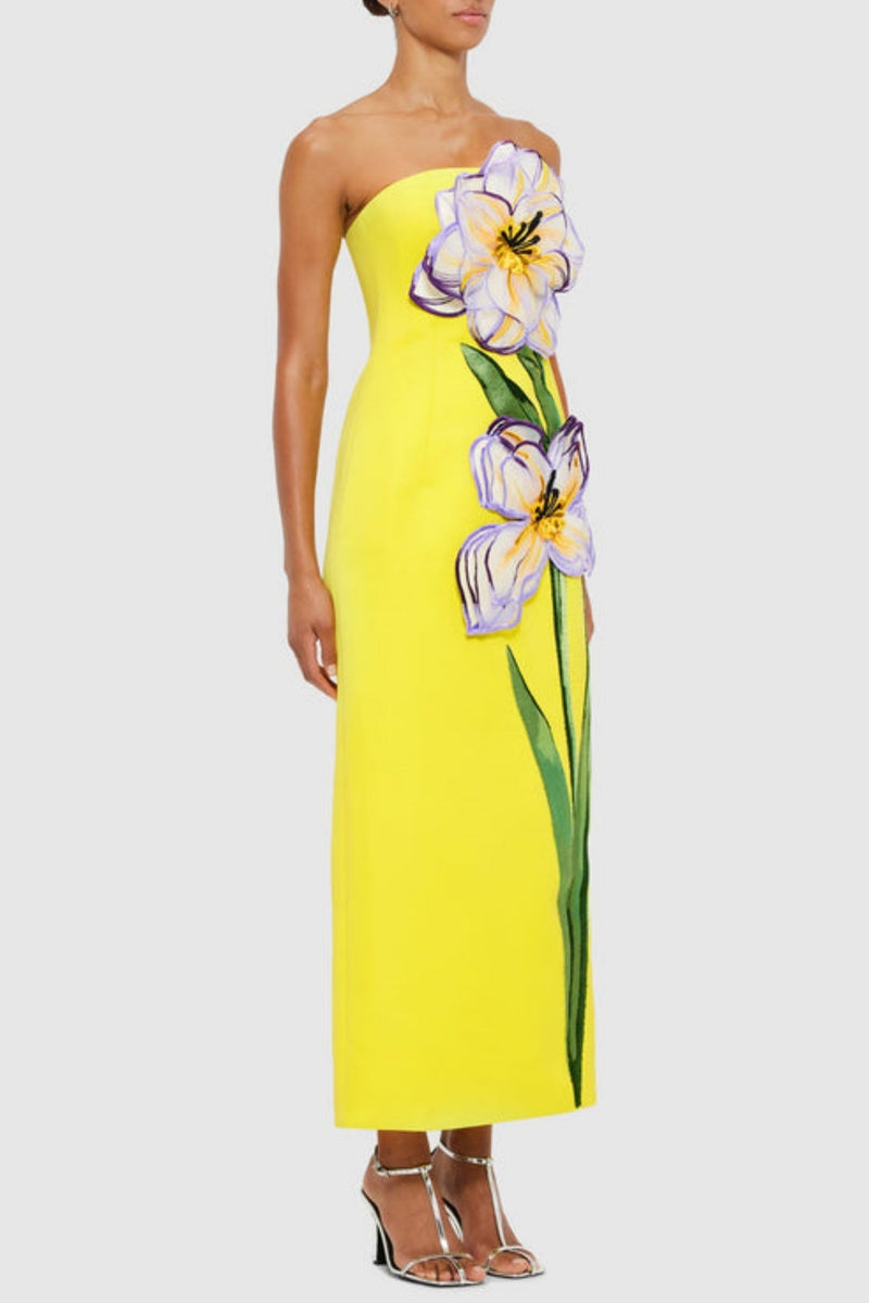 Mimoza Appliqué Strapless Midi Dress - Yellow
