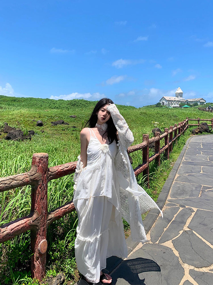 Minimalist White Spaghetti Strap Maxi Dress _ Island Getaway Look