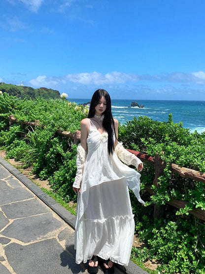 Minimalist White Spaghetti Strap Maxi Dress _ Island Getaway Look