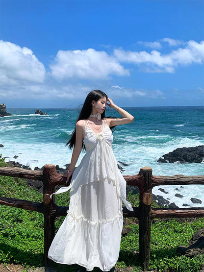 Minimalist White Spaghetti Strap Maxi Dress _ Island Getaway Look