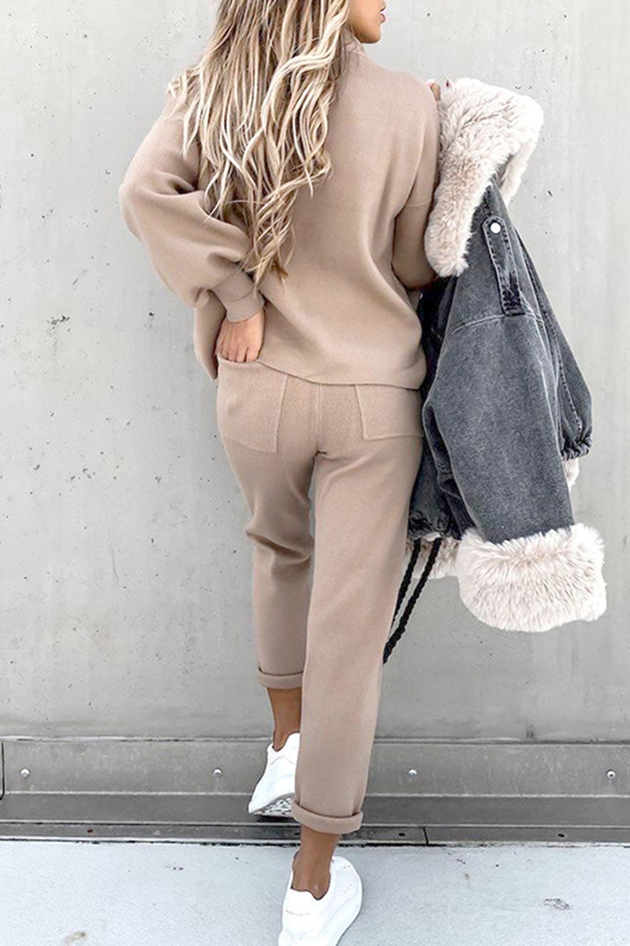 Mock Neck Puff Sleeve Sweatshirt Long Pants Suits
