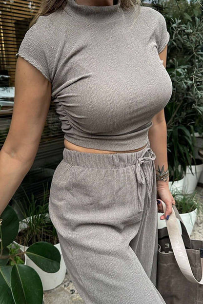 Mock Neck Short Sleeve Ruched Long Pant Set