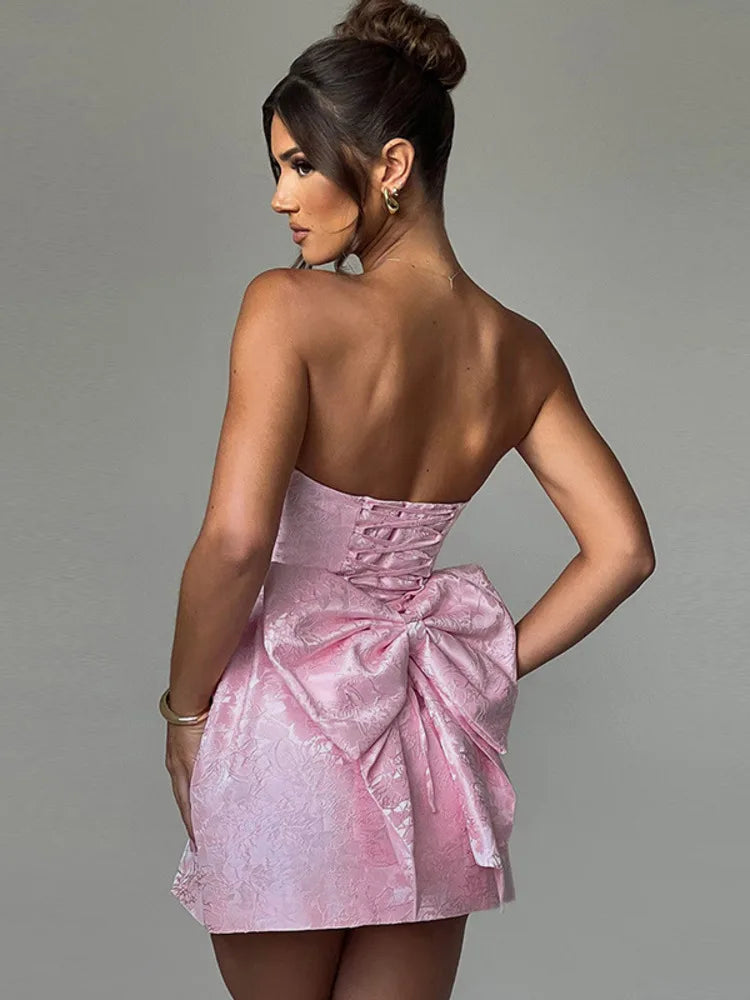 Backless Bow Mini Dress for Off-shoulder Strapless Sleeveless Bodycon Club Party Dress