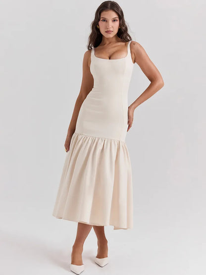 Backless Maxi Fishtail Dress for Gown Square Collar Sleeveless Loose Pleated Long Dress Dresses