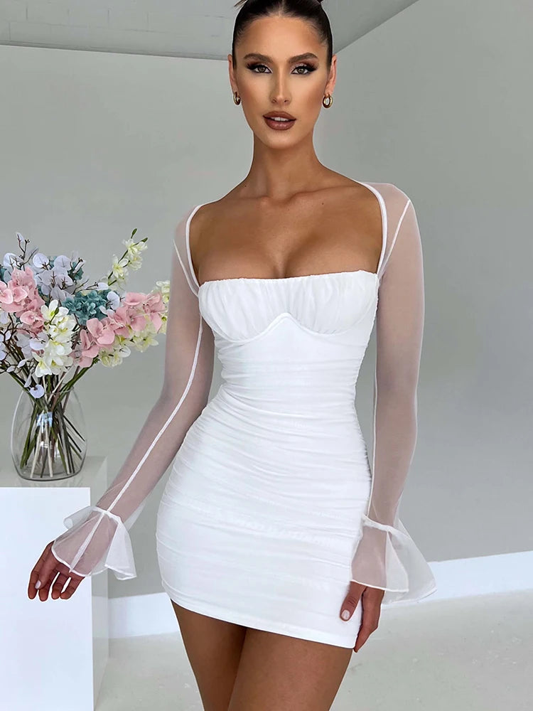 Backless Mini Dress for Robe Two Layer Mesh Full Sleeve Zipper Bodycon Party Short Dress Vestido