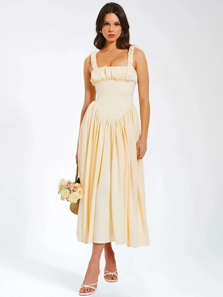 Satin Backless Midi Dress for Sundress Square Collar Sleeveless Loose Pleated Dress