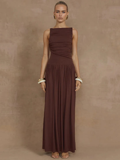 Sleeveless Maxi Dress for Boat Neck Tank Dresses Ruched Long Dress New Gown