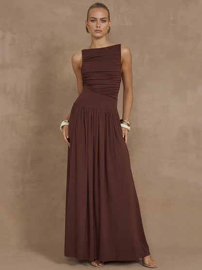 Sleeveless Maxi Dress for Boat Neck Tank Dresses Ruched Long Dress New Gown
