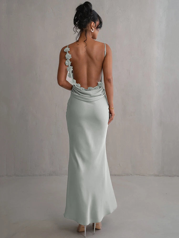 Draped Backless Maxi Long Dress for Spaghetti Strap Sleeveless Bodycon Evening Party Dress