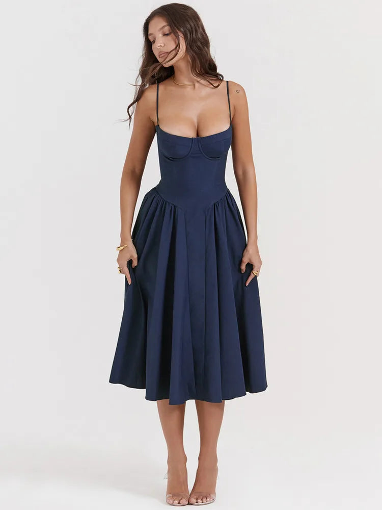 Spaghetti Strap Sleeveless A-line Midi Dress for Summer New Backless Pleated Slipdress Loose Dress