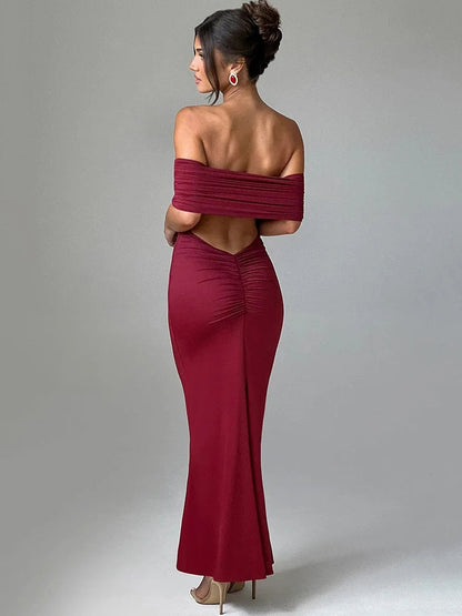 Strapless Backless Maxi Dress - Off-shoulder Sleeveless Bodycon Christmas Party Dress