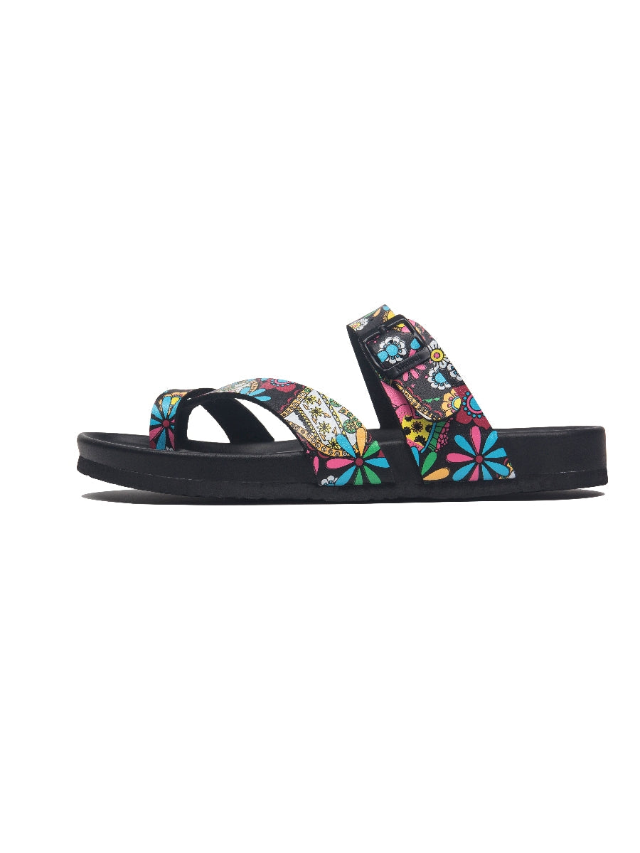Maibulun | Black Tropical Print Footbed Sandal