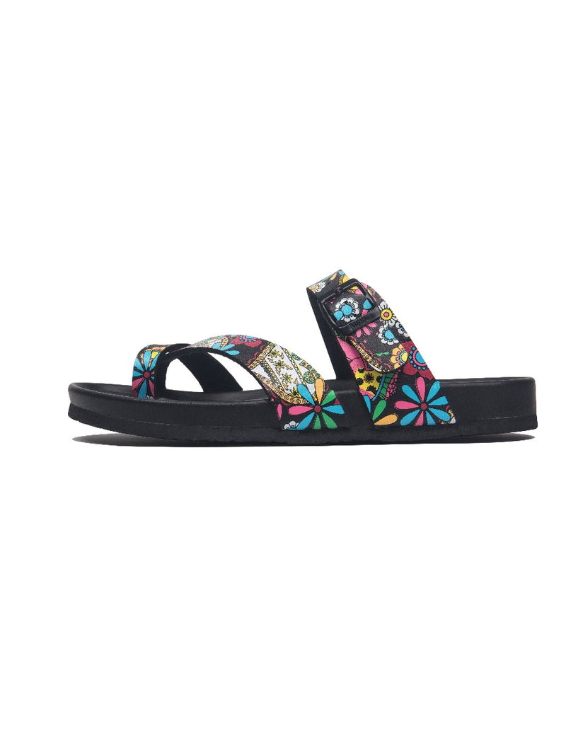 Maibulun | Black Tropical Print Footbed Sandal