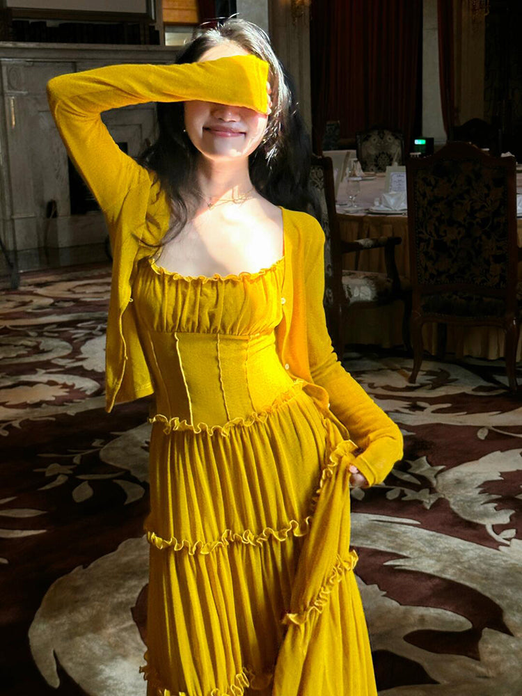 Mustard Yellow Ruched Ruffle Maxi Dress _ & Bright Summer Statement
