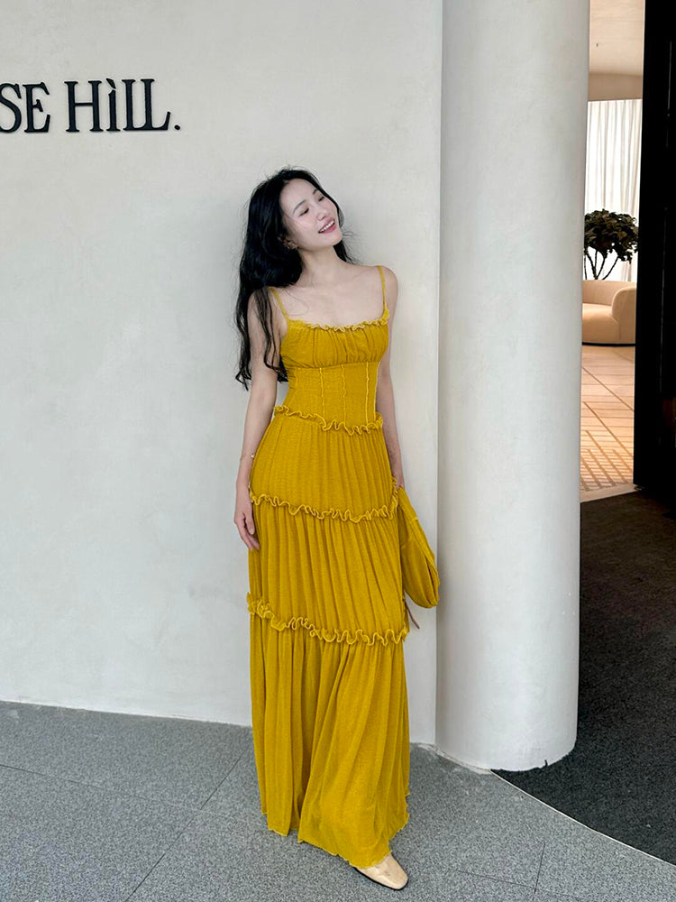 Mustard Yellow Ruched Ruffle Maxi Dress _ & Bright Summer Statement