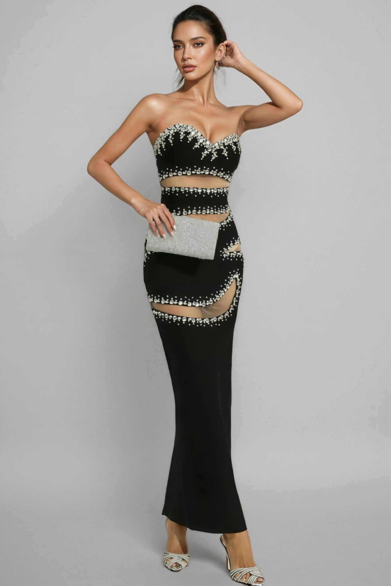 Elioed Black Beading Mesh Bandage Maxi Dress