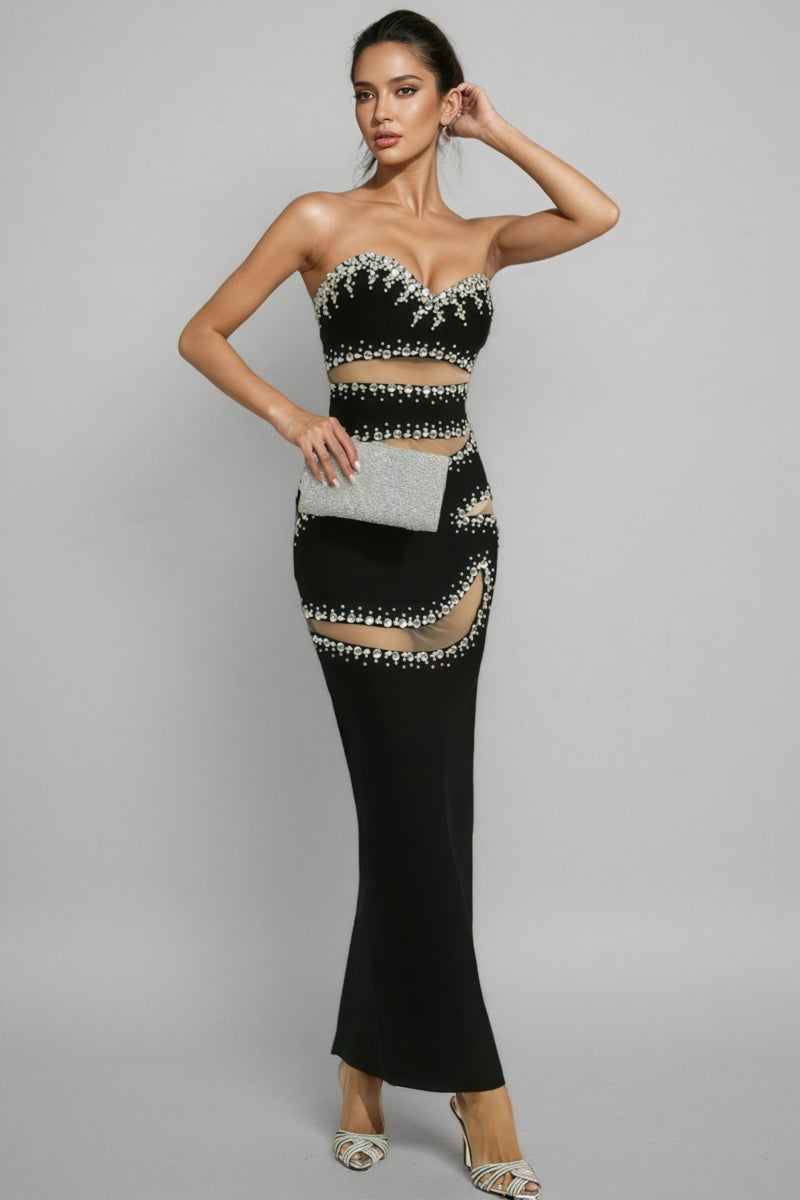Elioed Black Beading Mesh Bandage Maxi Dress