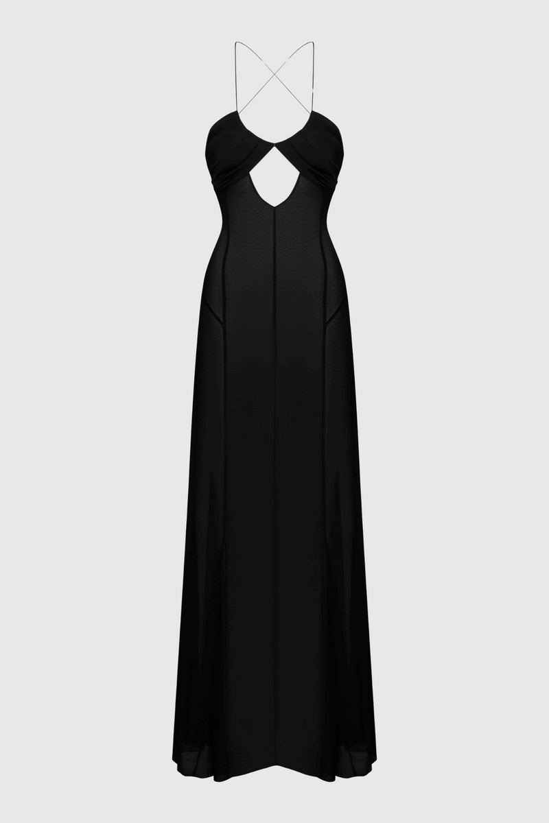 Natane Chiffon Cutout Backless Maxi Dress - Black