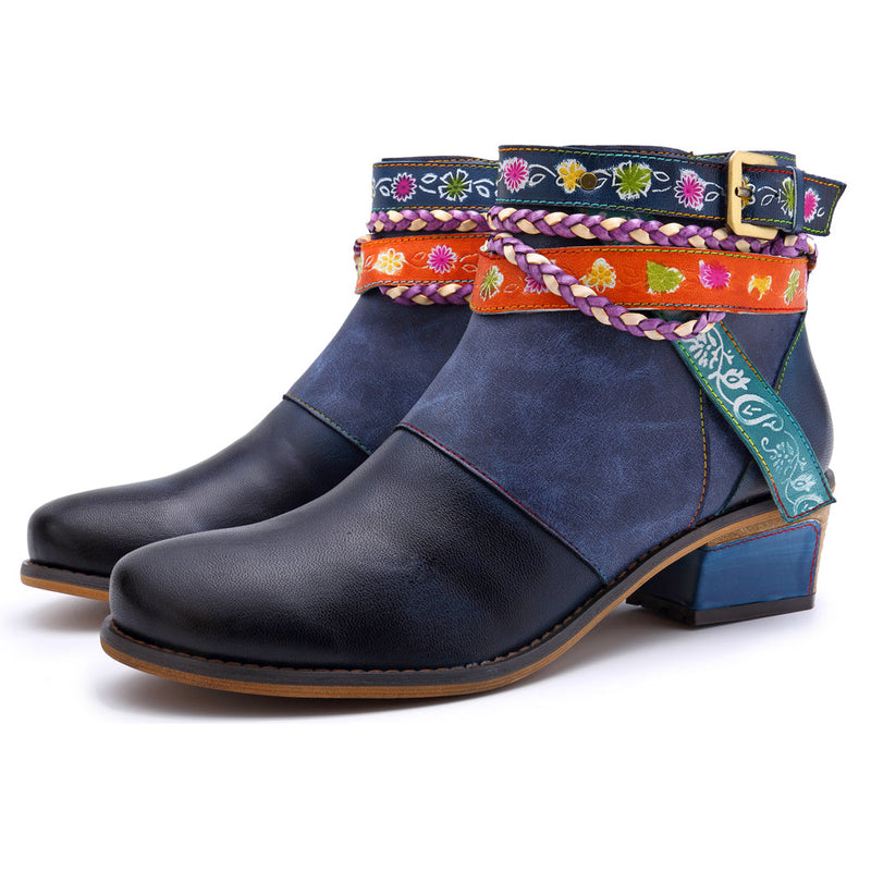 Soffia | Genuine Leather Woven Multi-strap Flat Ankle Boots