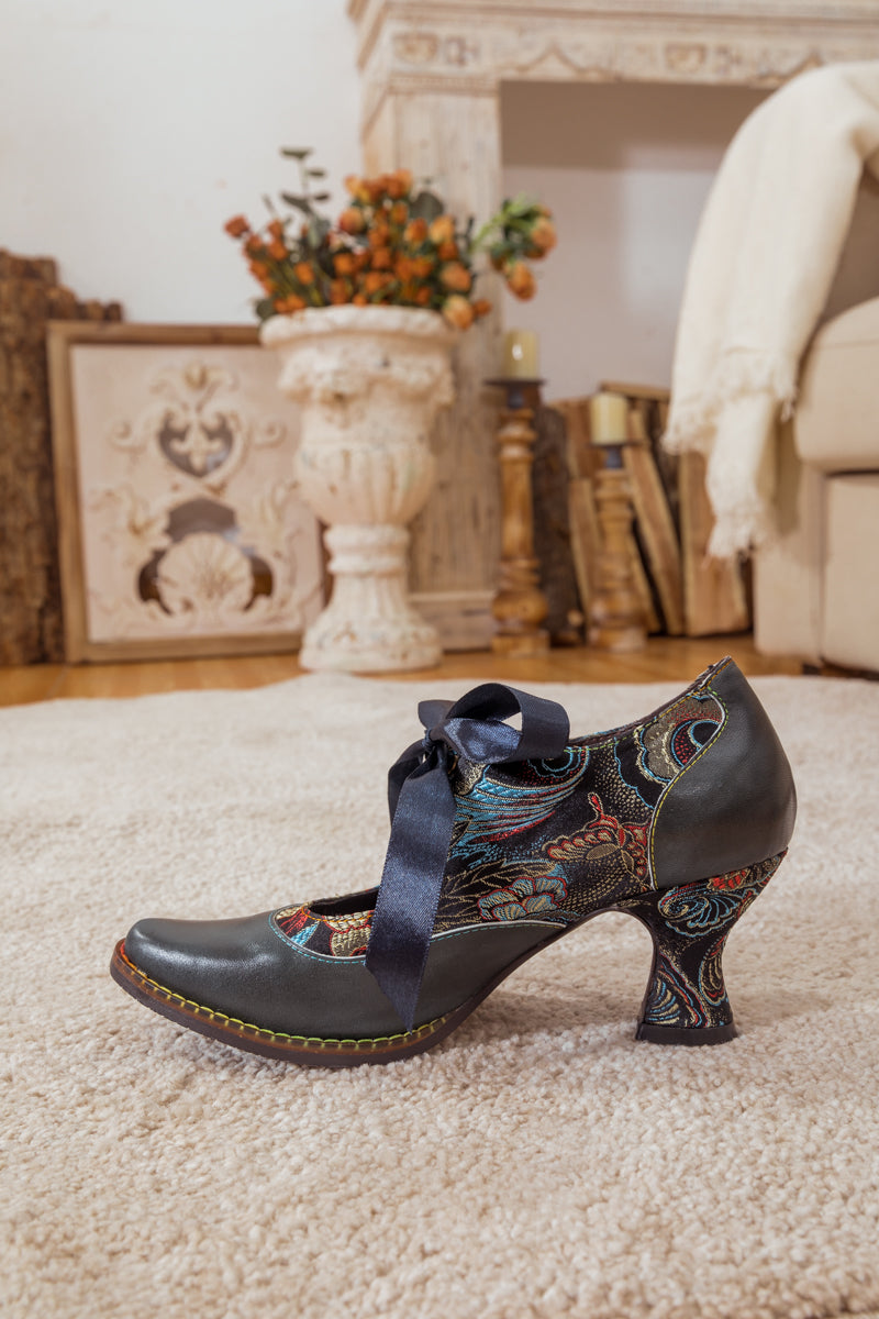 Soffia | Lace Bow Navy Leather Mary Jane Pump