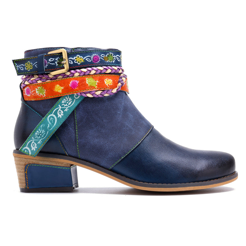 Soffia | Genuine Leather Woven Multi-strap Flat Ankle Boots