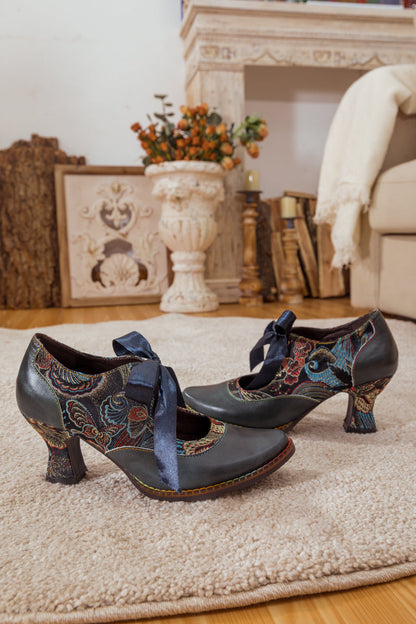 Soffia | Lace Bow Navy Leather Mary Jane Pump