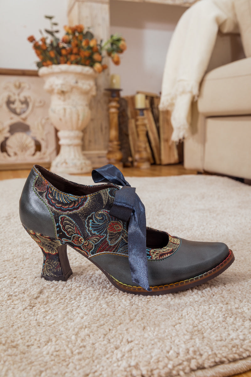 Soffia | Lace Bow Navy Leather Mary Jane Pump