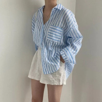 Single-breasted Striped Lapel Collar Blouse