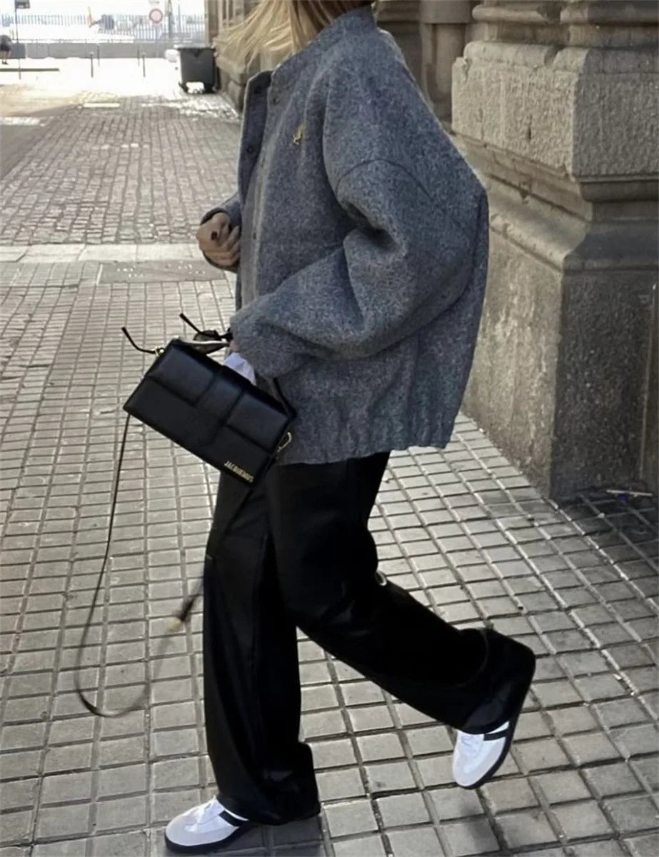 New Pockets Grey Front Zipper Cropped Lapel Coat